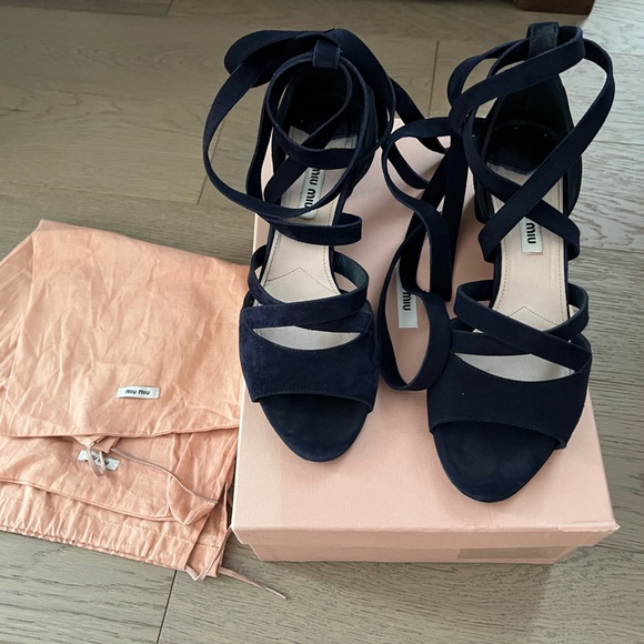 Miu Miu Shoes - Miu Miu Blue Suede Lace-Up Strappy Heels – Size 36.5